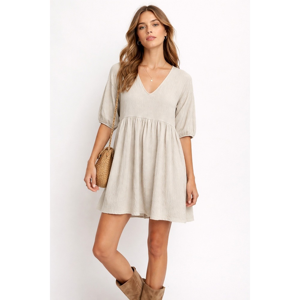 Zara Beige Crinkle Textured V-Neck Babydoll Mini Dress Puff Sleeve Womens Medium